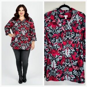 Floral Goth Dark Romantic Red Black Button Up Plus Size 3X Office Work Blouse